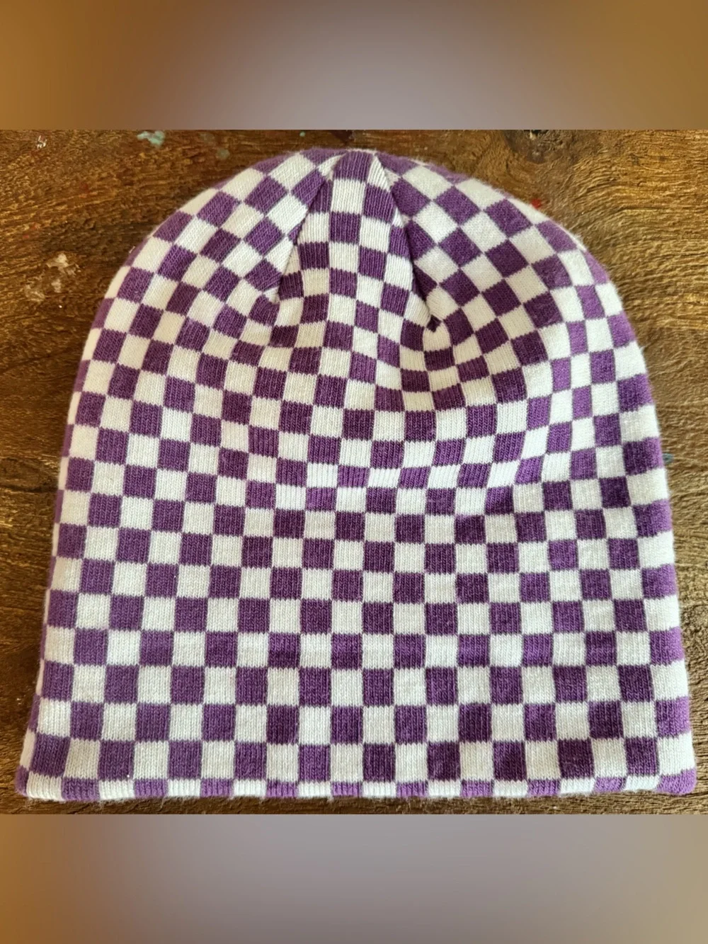 Vans Girls “Off The Wall” Purple and White Soft Cozy Checkerboard Beanie hat